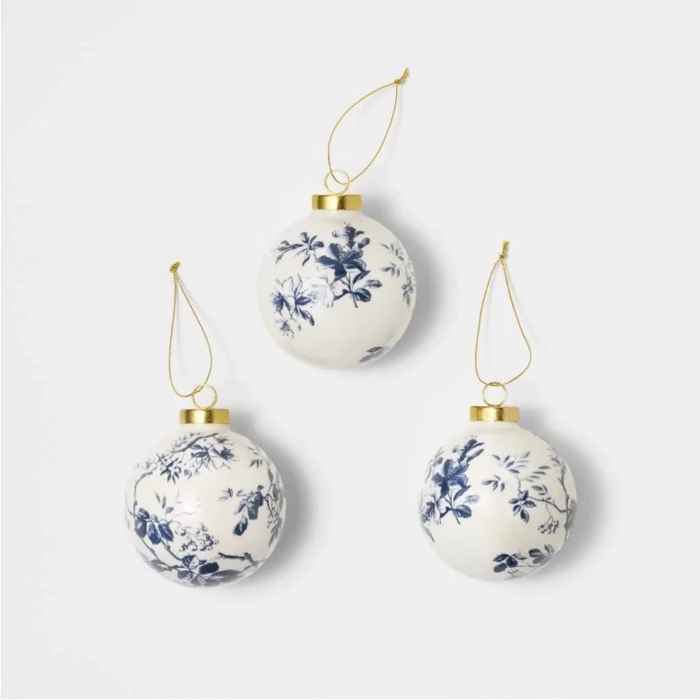 Set of 3 Hand Painted Christmas Ornaments White/Blue - Threshold Studio McGee